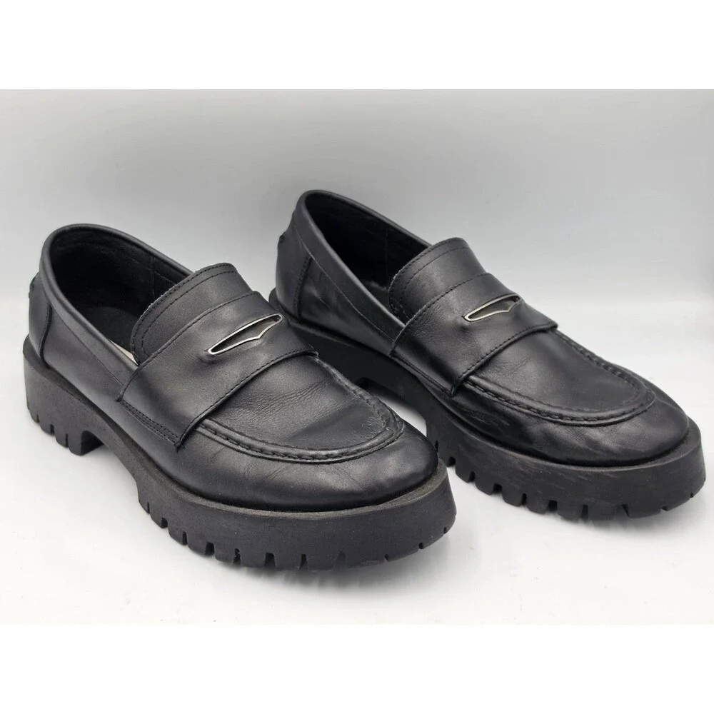 Steve Madden Women Black Leather Chunky Lug Sole Platform Penny Loafers Size 11